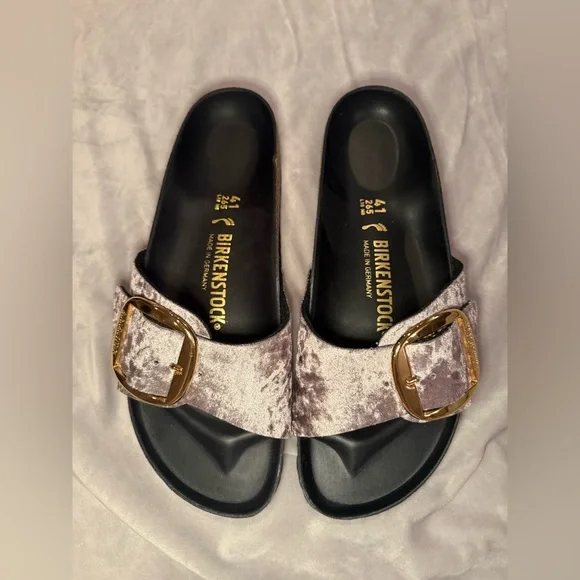 Birkenstock New w/o Box Madrid Big Buckle Rivet Logo Taupe Grey Velvet Exquisite - Picture 2 of 10